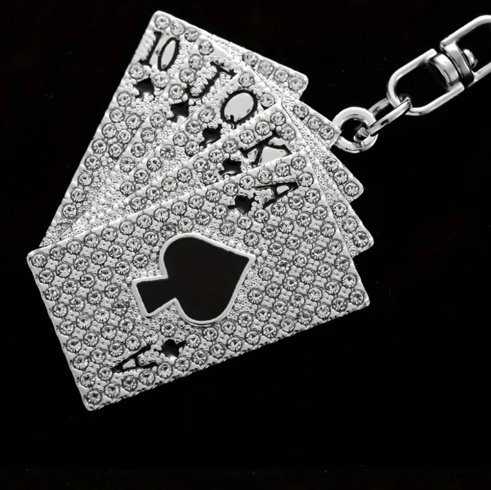 Sparkling Silver Rhinestones Playing Cards Keychain Spades Poker Key Ring Holder